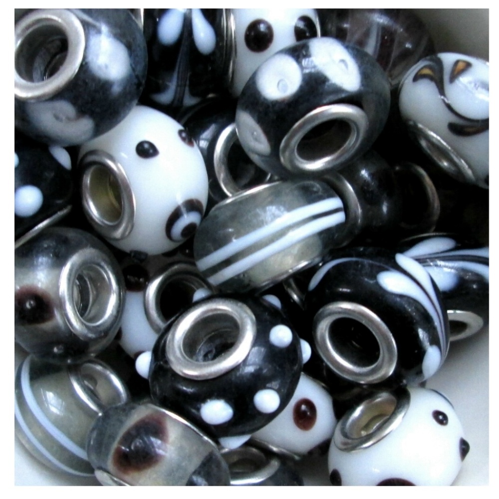 20 Piece Large Hole Glass Beads ~ Blk Wh Grey Mix